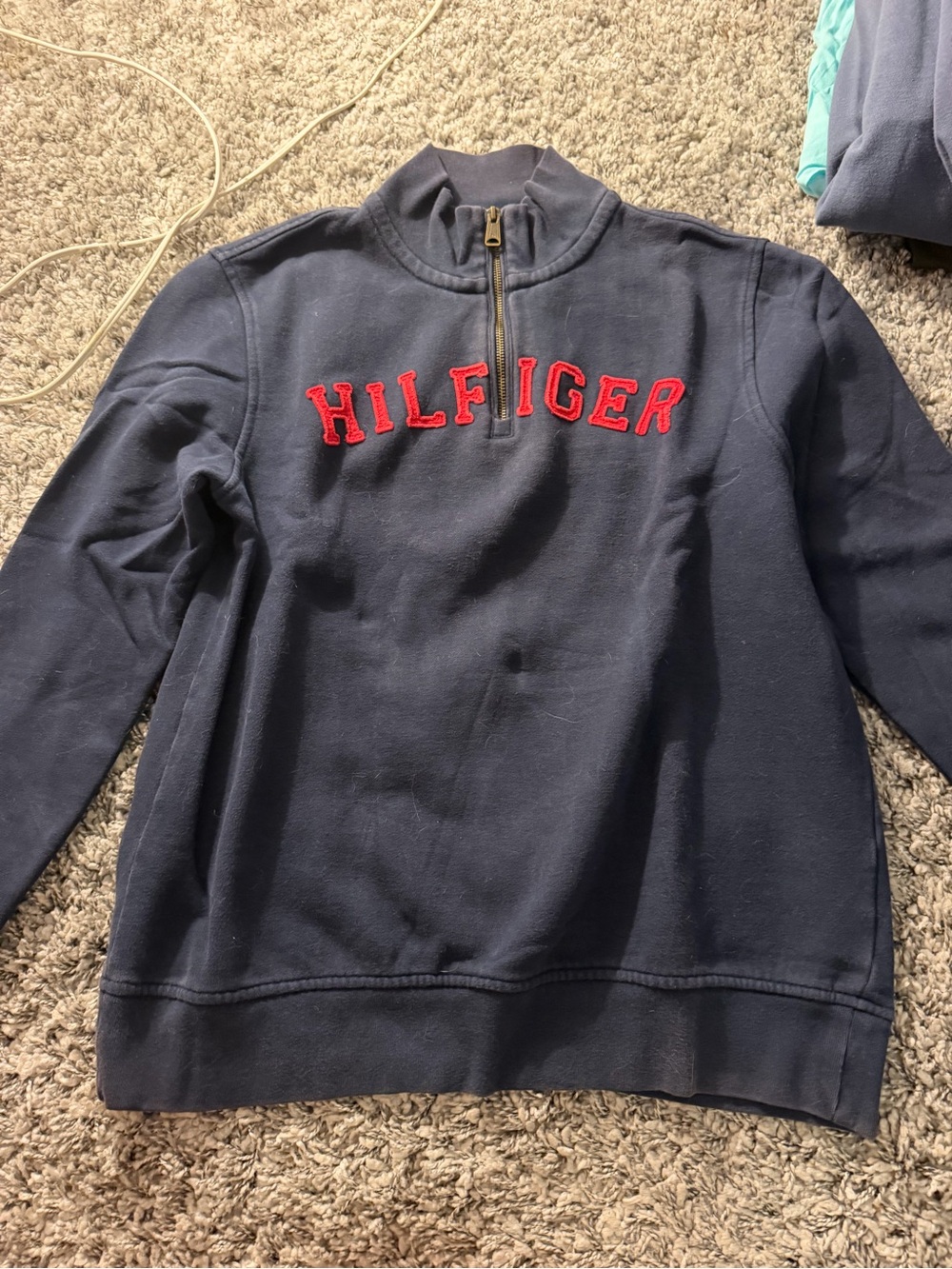 Tommy Hilfiger Navy Half-Zip Sweatshirt with Red Chest Lettering